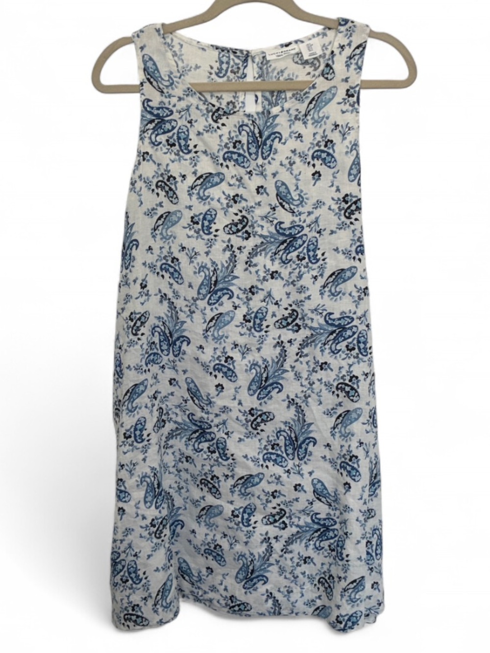 Lucky Brand 100% Linen White Sleeveless Dress with Blue Paisley Print